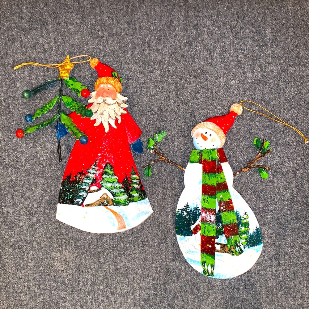 Set of two painted metal Christmas ornaments